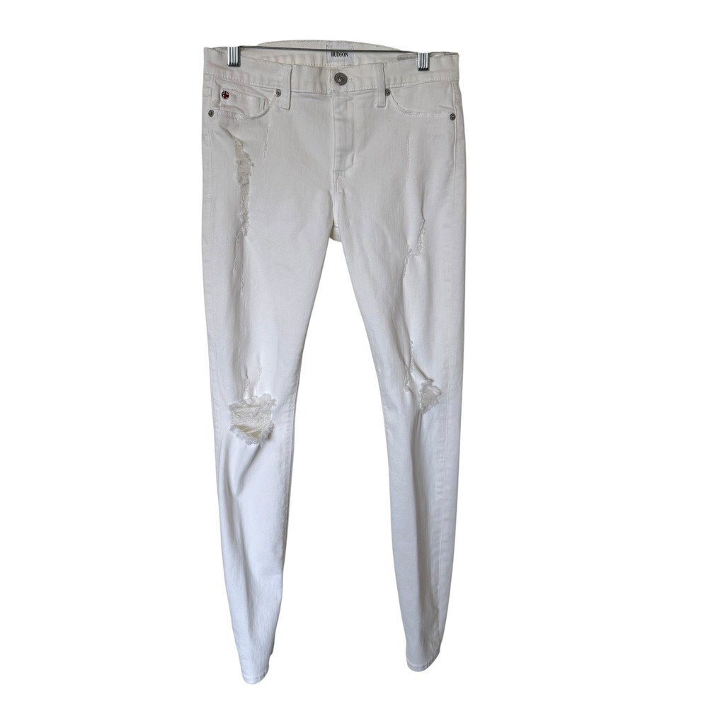 Hudson Skinny Jeans Women 27‎ White Good Distressed Shredded Knee Mid Rise
